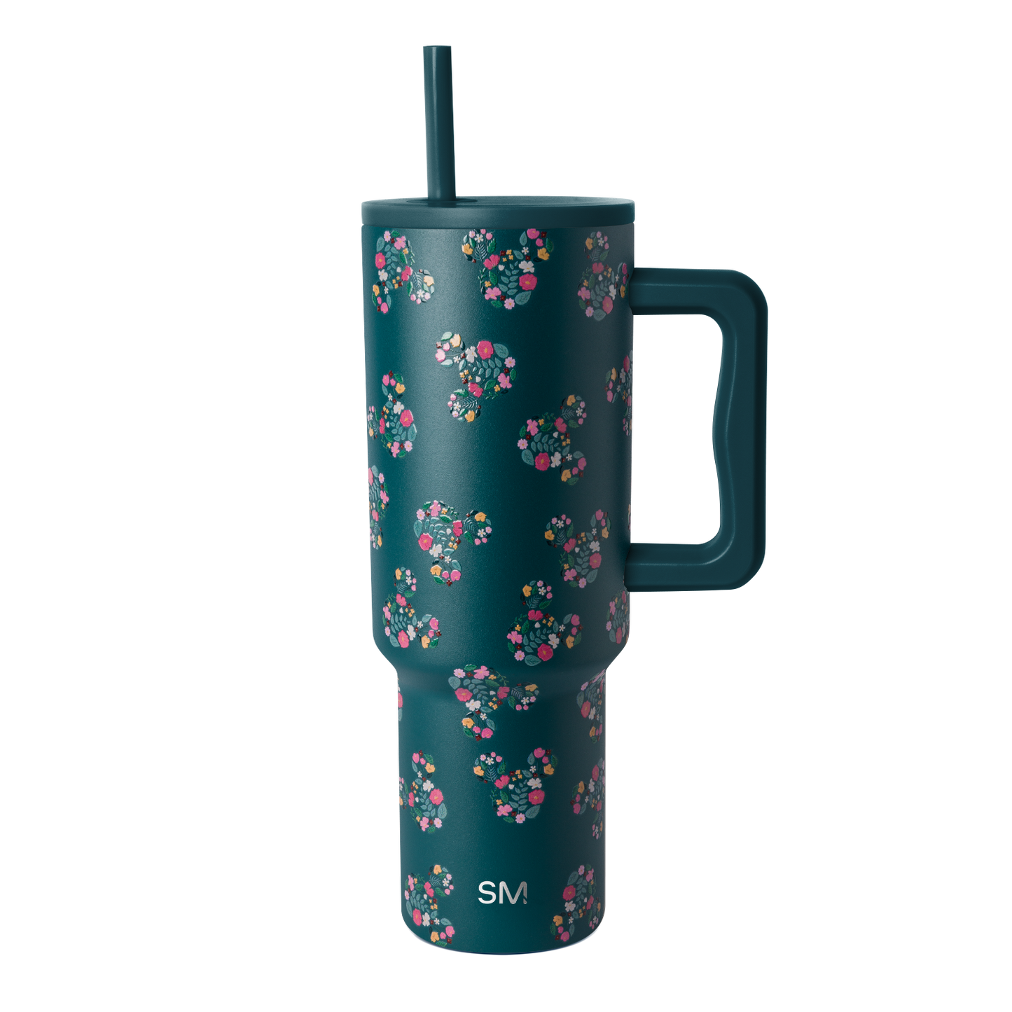 Deep teal drinkware with vibrant floral pattern in hot pink, coral, magenta, white, cream, and yellow accents.