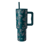Deep teal drinkware with vibrant floral pattern in hot pink, coral, magenta, white, cream, and yellow accents.