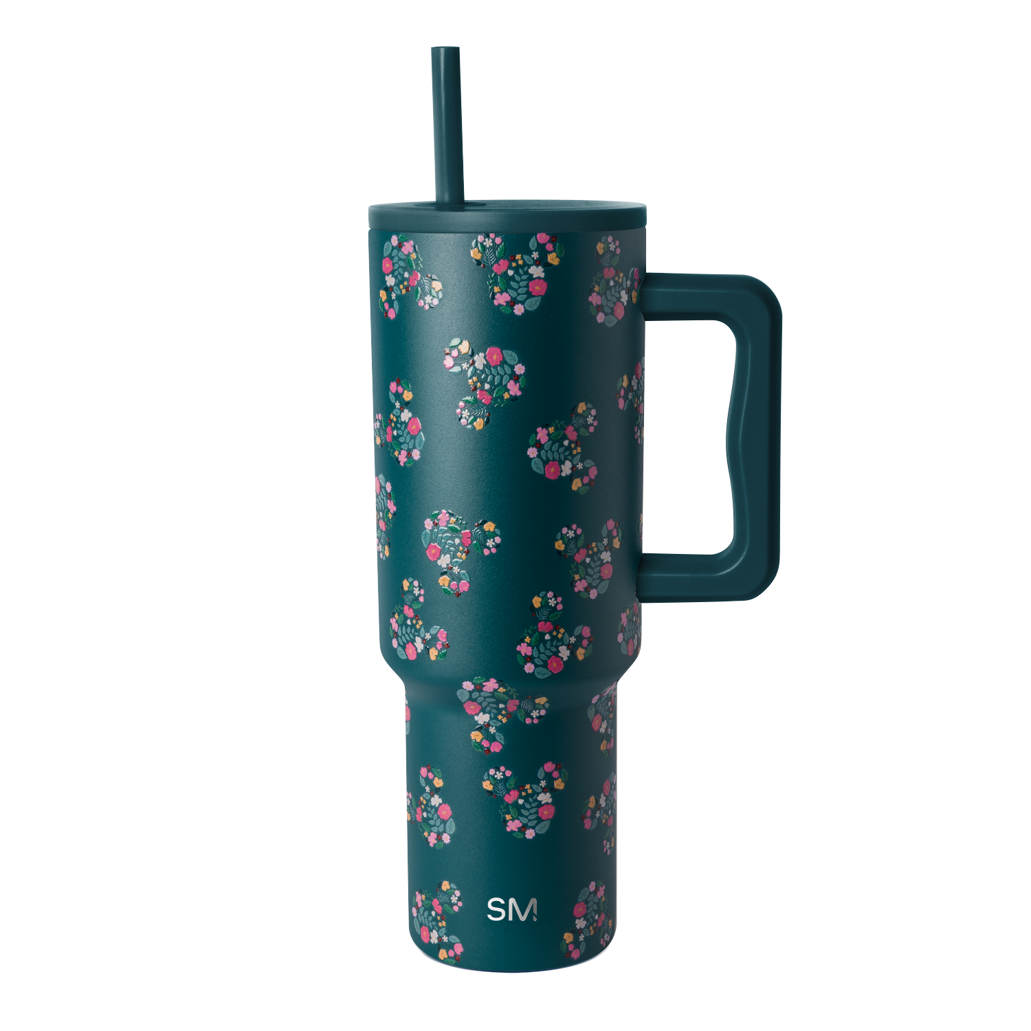 Deep teal drinkware with vibrant floral pattern in hot pink, coral, magenta, white, cream, and yellow accents.
