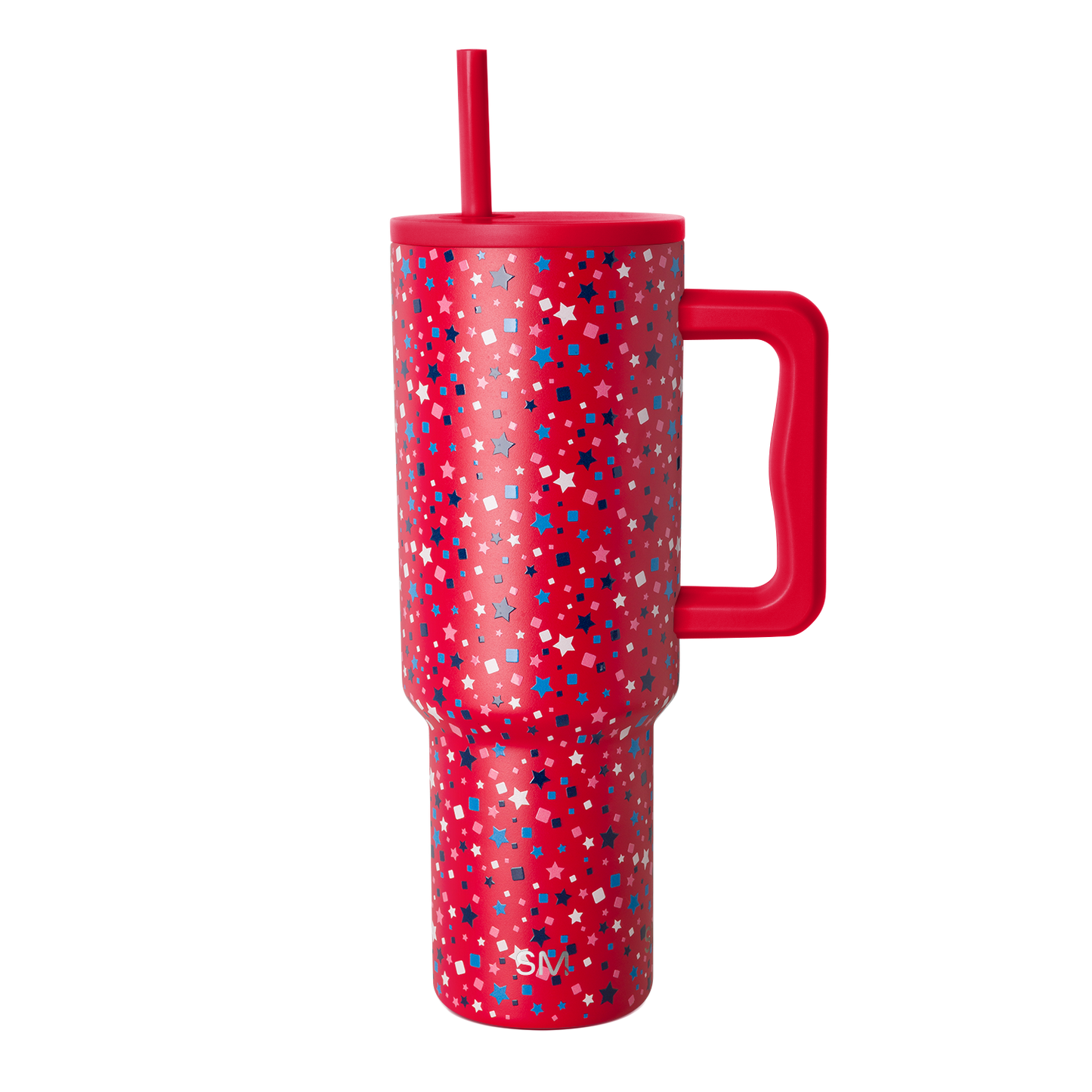 Red tumbler with scattered white geometric shapes and stars pattern