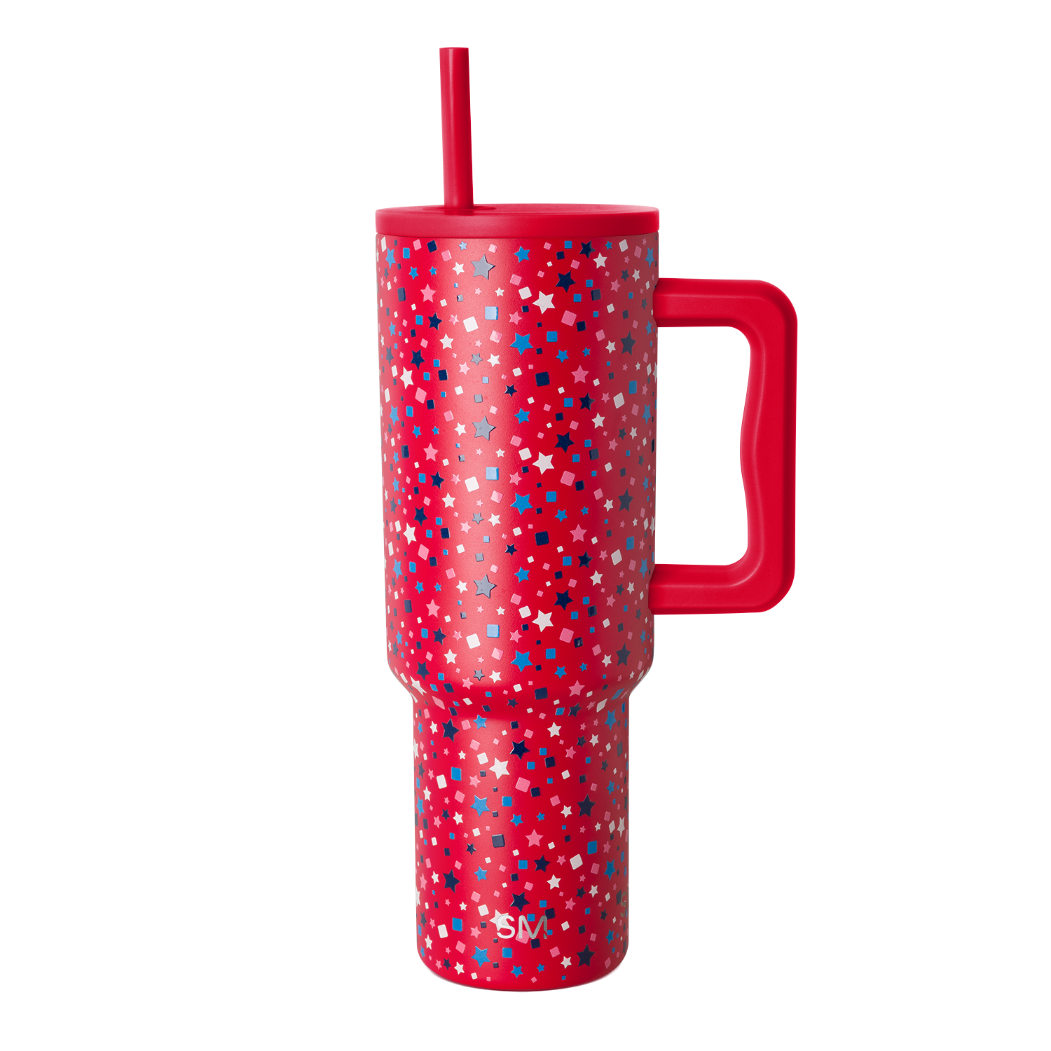 Red tumbler with scattered white geometric shapes and stars pattern