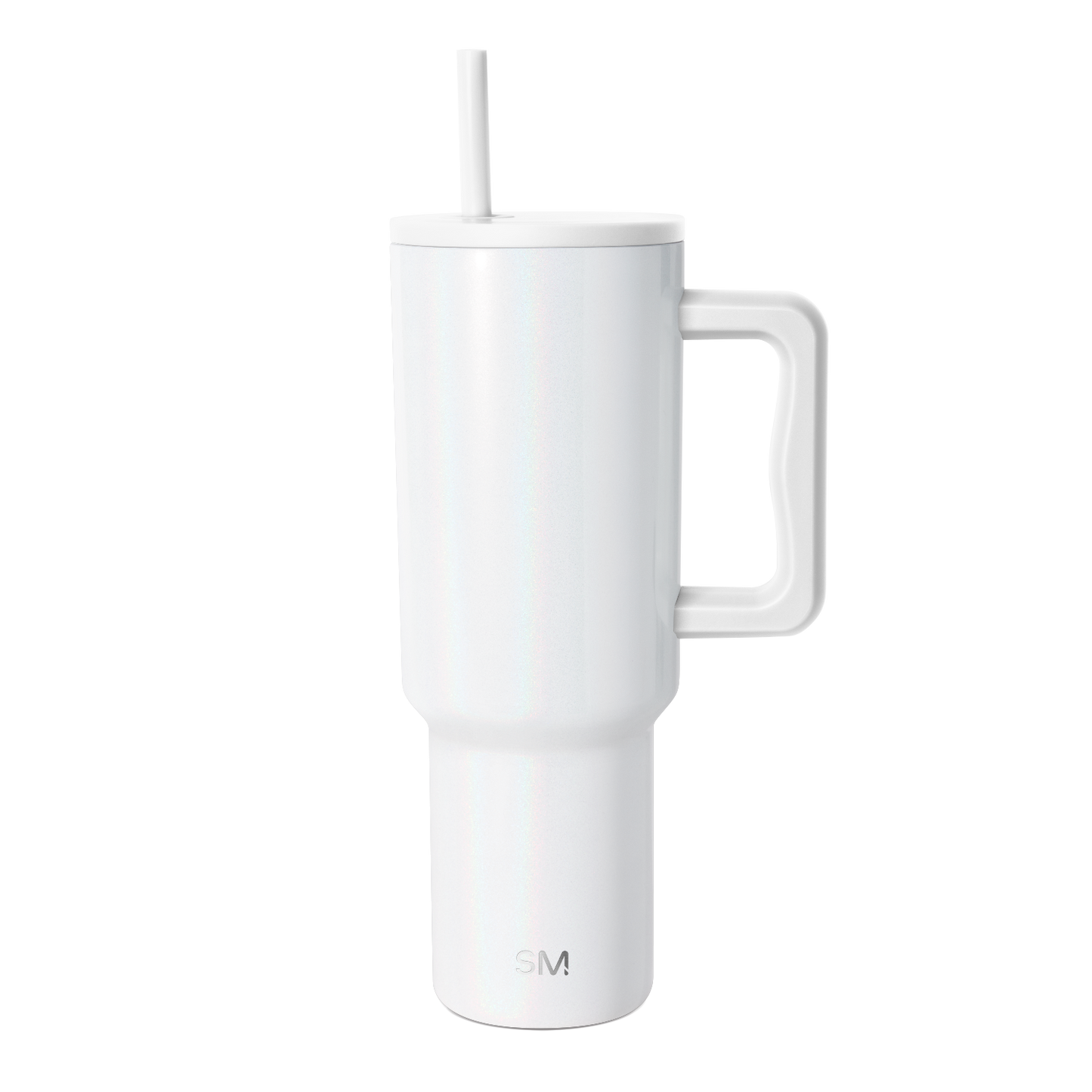 White cylindrical insulated tumbler with handle, featuring a clean contemporary design in a tall shape.