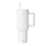 White cylindrical insulated tumbler with handle, featuring a clean contemporary design in a tall shape.