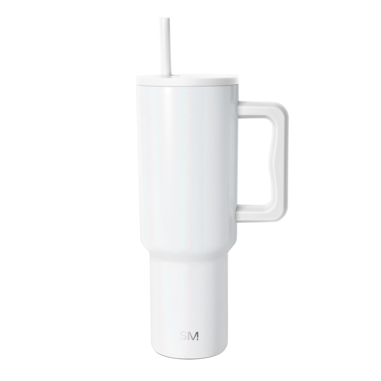 White cylindrical insulated tumbler with handle, featuring a clean contemporary design in a tall shape.