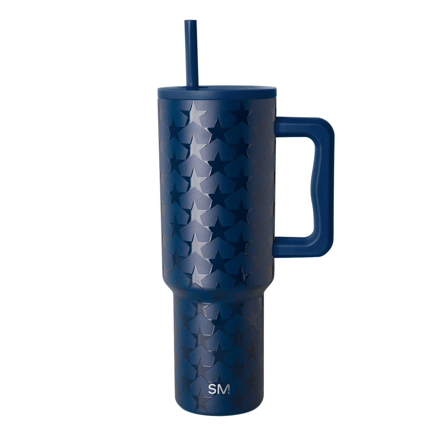Deep navy blue tumbler with silvery-blue tonal pattern, isolated on white background