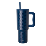 Deep navy blue tumbler with silvery-blue tonal pattern, isolated on white background