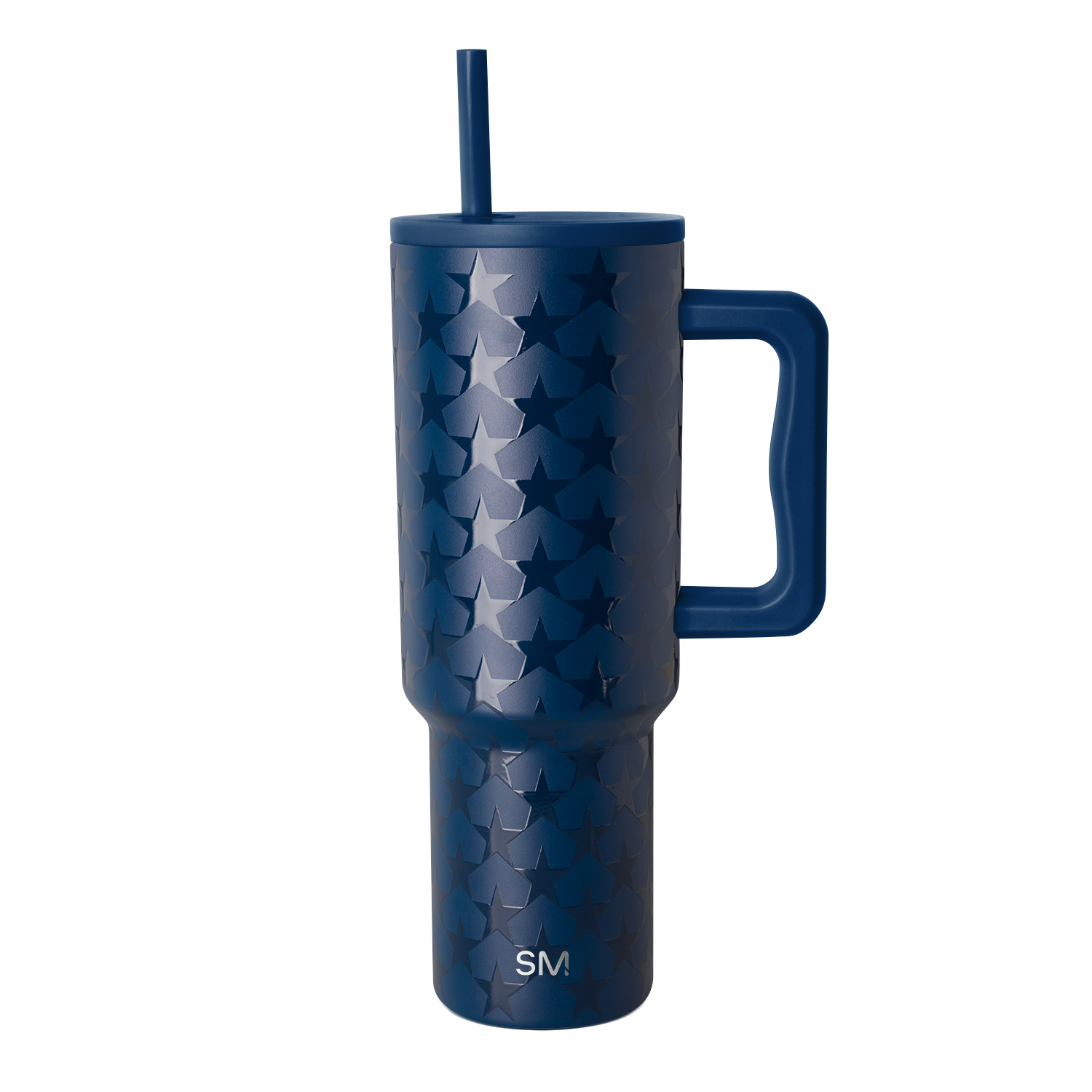 Deep navy blue tumbler with silvery-blue tonal pattern, isolated on white background