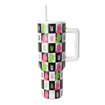 Checkerboard tumbler with hot pink, lime green, black, and white pattern on white base, includes matching white straw
