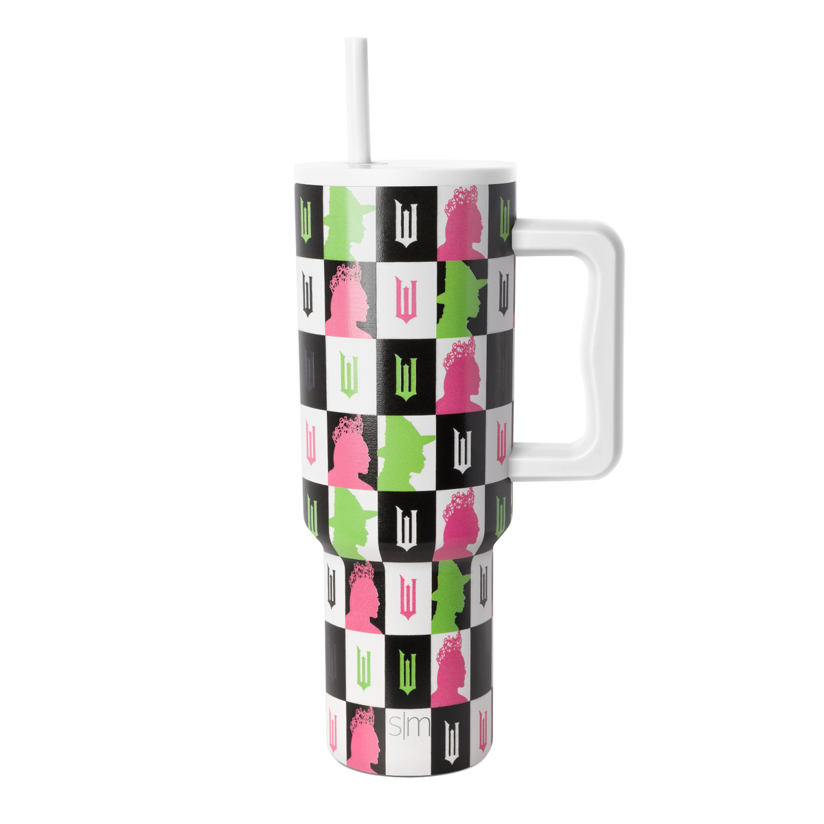 Checkerboard tumbler with hot pink, lime green, black, and white pattern on white base, includes matching white straw