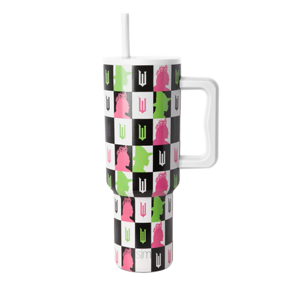 Checkerboard tumbler with hot pink, lime green, black, and white pattern on white base, includes matching white straw