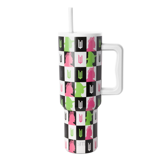 Checkerboard tumbler with hot pink, lime green, black, and white pattern on white base, includes matching white straw