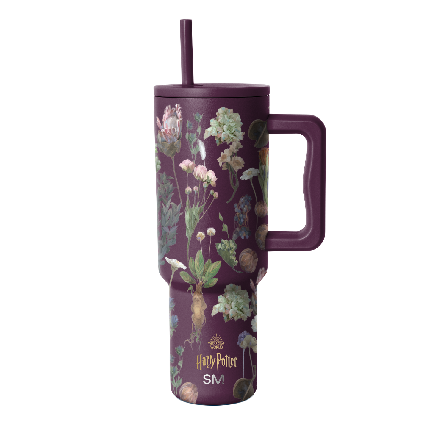 Purple tumbler with botanical illustration pattern featuring cream, pale pink, soft green, and muted gold accents
