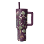 Purple tumbler with botanical illustration pattern featuring cream, pale pink, soft green, and muted gold accents
