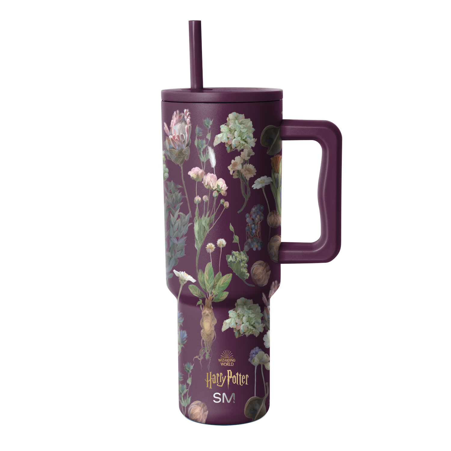 Purple tumbler with botanical illustration pattern featuring cream, pale pink, soft green, and muted gold accents