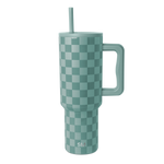 Soft teal and sage green checkerboard pattern tumbler with alternating darker teal and lighter mint squares.