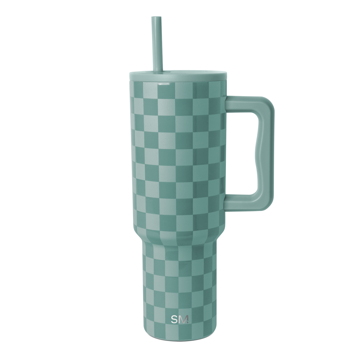Soft teal and sage green checkerboard pattern tumbler with alternating darker teal and lighter mint squares.