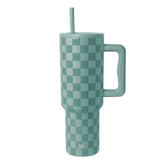 Soft teal and sage green checkerboard pattern tumbler with alternating darker teal and lighter mint squares.