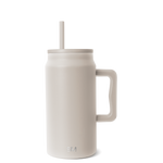 Cream-colored insulated tumbler with beige lid, handle, and matching straw