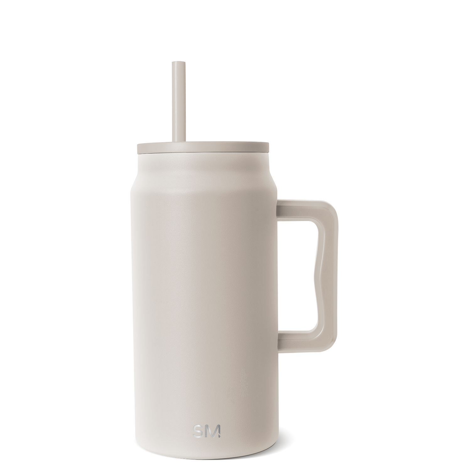 Cream-colored insulated tumbler with beige lid, handle, and matching straw