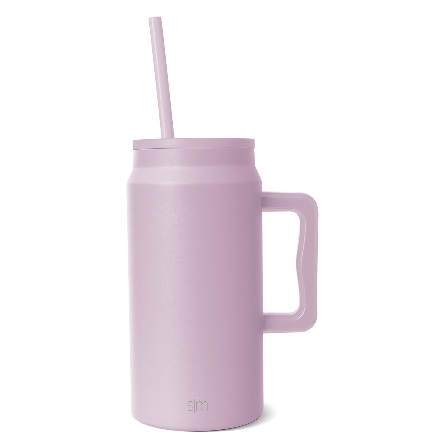 Dusty mauve-pink insulated tumbler with squared handle, matching lid, and straw