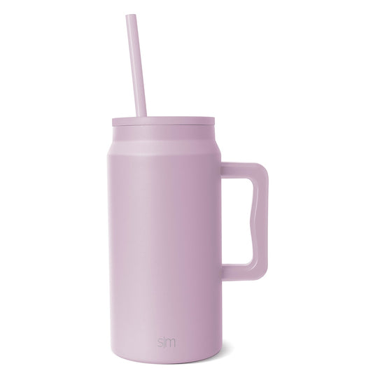 Dusty mauve-pink insulated tumbler with squared handle, matching lid, and straw