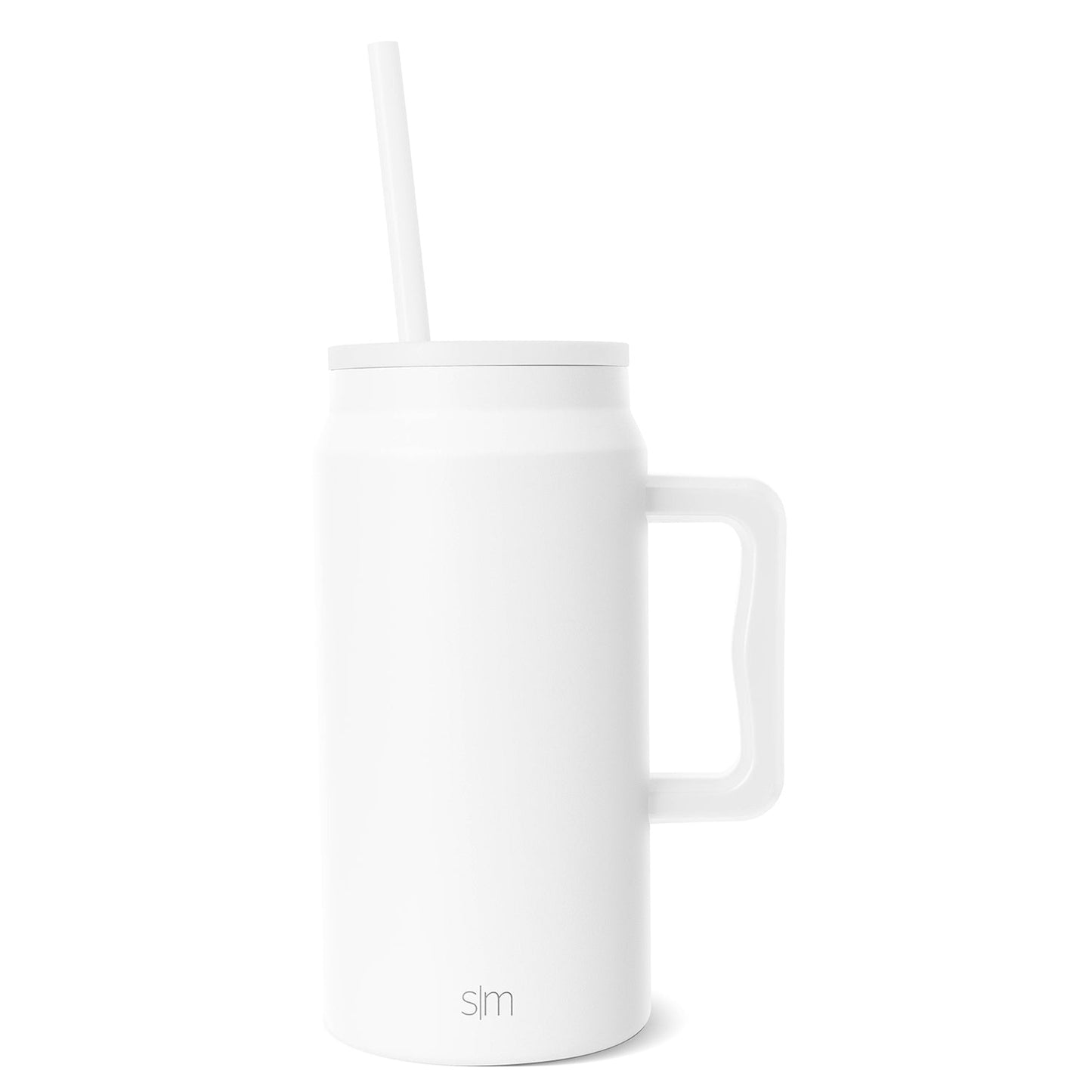 White tumbler with handle, front view on neutral background