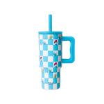 Turquoise blue and white checkerboard tumbler with matching turquoise handle, lid, and straw.