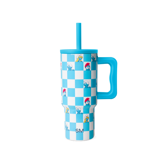 Turquoise blue and white checkerboard tumbler with matching turquoise handle, lid, and straw.