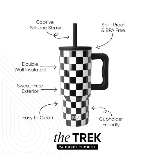 Simple Modern TREK 24 ounce tumbler with black and white checkerboard pattern, black lid, handle, and straw. Features labeled: captive silicone straw, spill-proof and BPA free, double wall insulated, sweat-free exterior,
