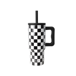 Black and white checkerboard travel tumbler with black handle, lid, and straw. Simple Modern logo visible on front. Studio product photo on white background.