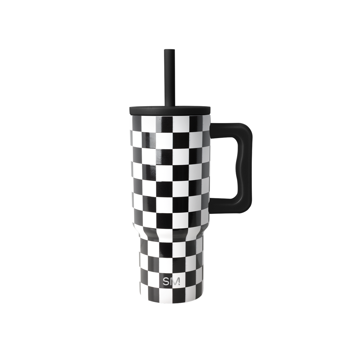 Black and white checkerboard travel tumbler with black handle, lid, and straw. Simple Modern logo visible on front. Studio product photo on white background.