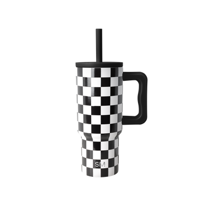 Black and white checkerboard travel tumbler with black handle, lid, and straw. Simple Modern logo visible on front. Studio product photo on white background.