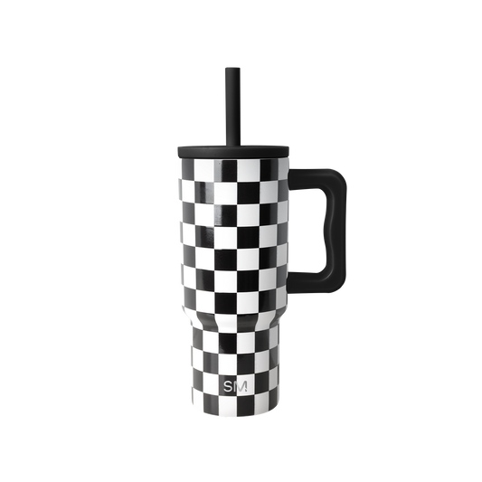 Black and white checkerboard travel tumbler with black handle, lid, and straw. Simple Modern logo visible on front. Studio product photo on white background.