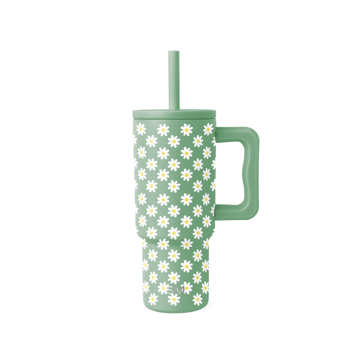 Soft sage green tumbler with white daisy flowers and pale yellow centers repeated across the surface