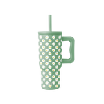 Soft sage green tumbler with white daisy flowers and pale yellow centers repeated across the surface