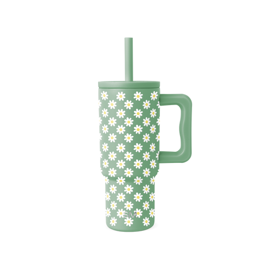 Soft sage green tumbler with white daisy flowers and pale yellow centers repeated across the surface
