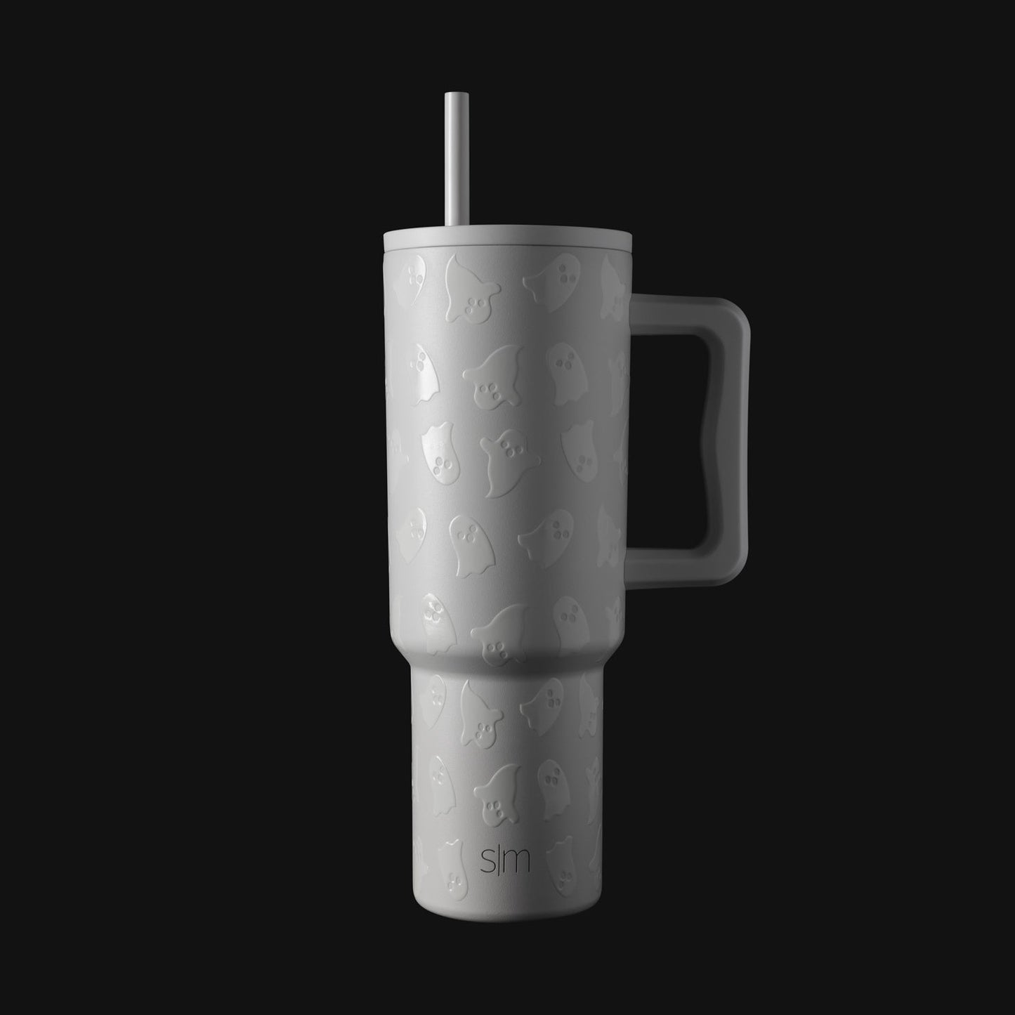 White insulated tumbler with dark charcoal handle and lid, displayed against a dark background.