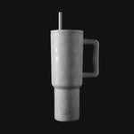 White insulated tumbler with dark charcoal handle and lid, displayed against a dark background.