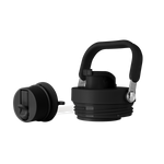 Black lid with silver handle on white background