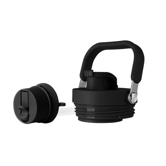 Black lid with silver handle on white background