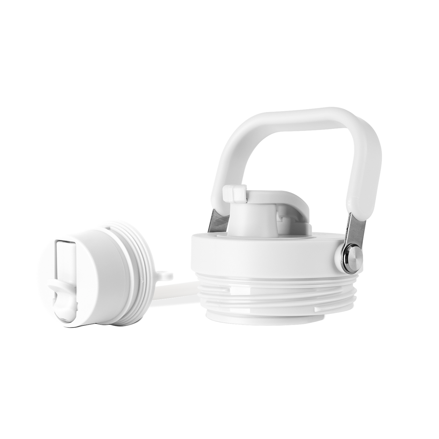 White plastic product lid with gray accents and silver metallic hardware against a light background