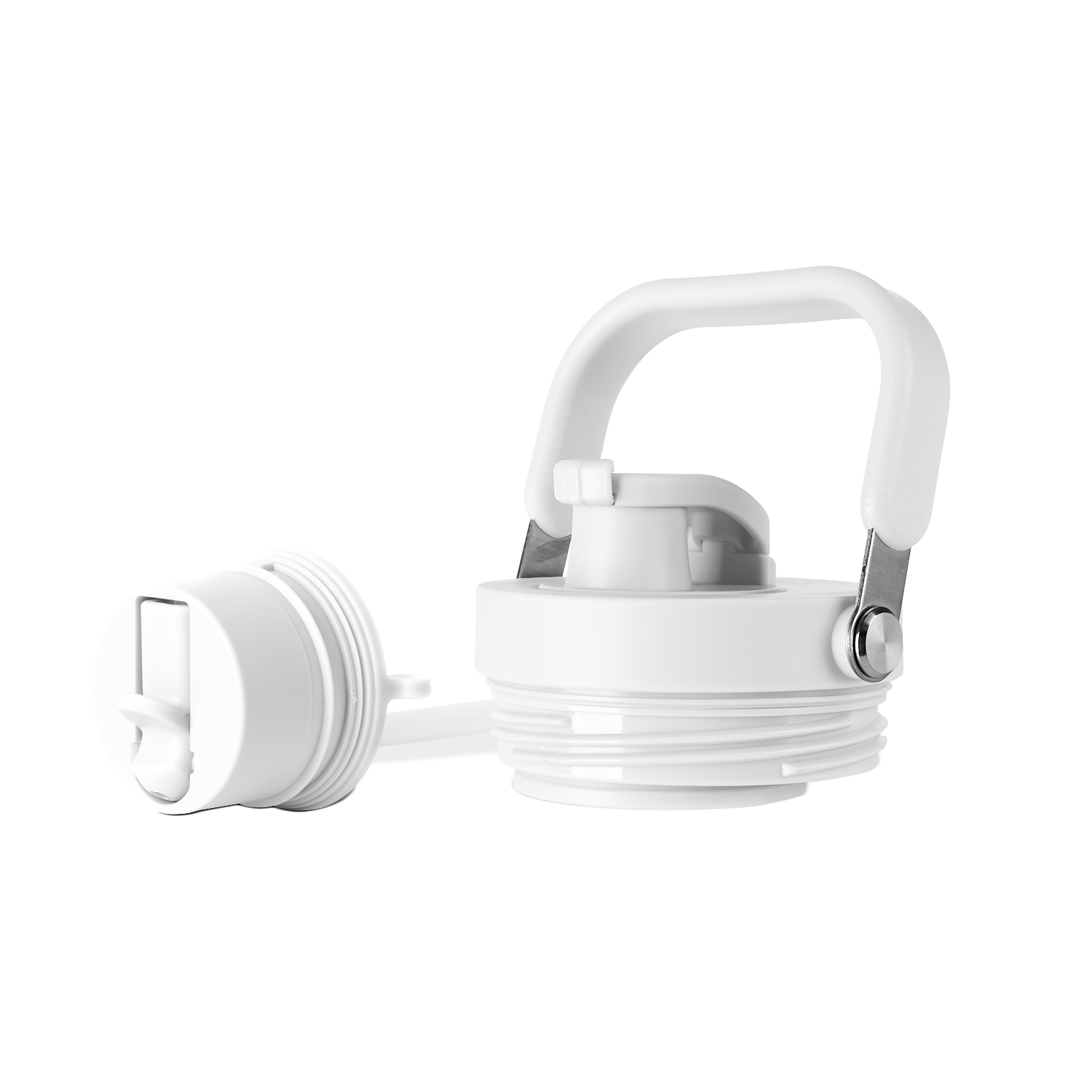 White plastic product lid with gray accents and silver metallic hardware against a light background