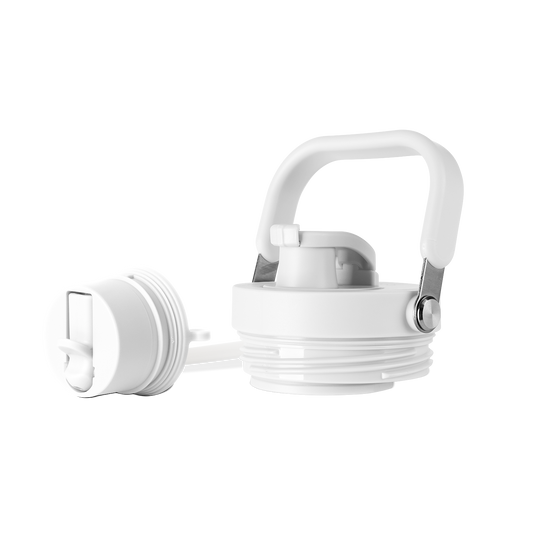 White plastic product lid with gray accents and silver metallic hardware against a light background