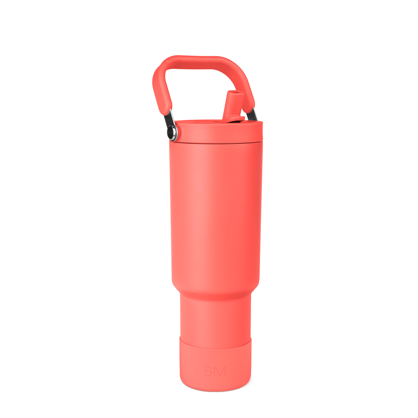 Coral-red insulated water bottle with black handle and carabiner clip on white background