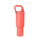 Coral-red insulated water bottle with black handle and carabiner clip on white background
