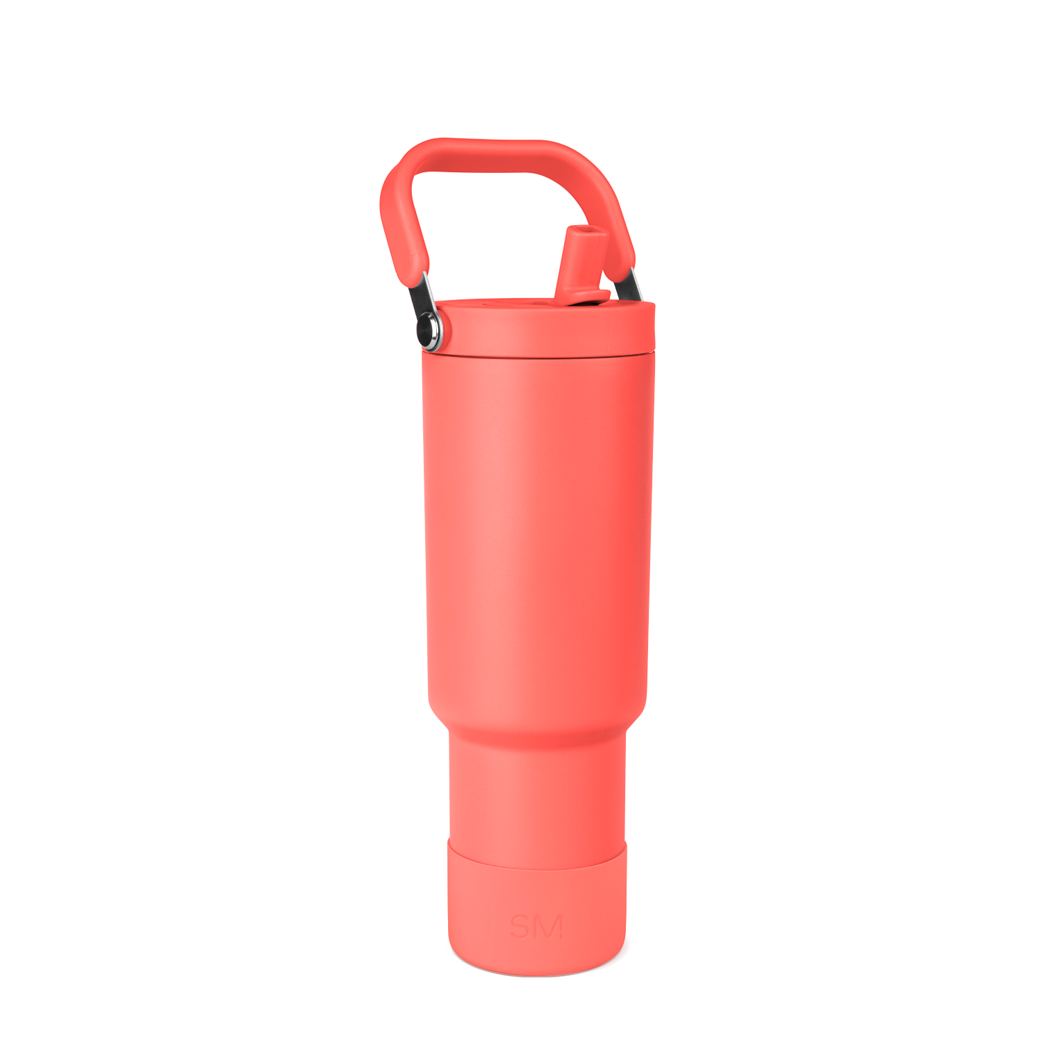 Coral-red insulated water bottle with black handle and carabiner clip on white background