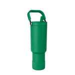 Kelly green water bottle with tapered design, wider upper chamber, narrow base, and matching green carrying handle