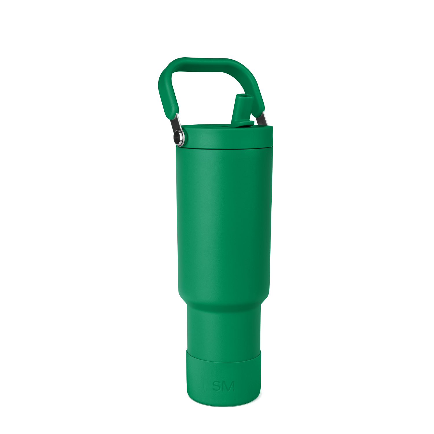 Kelly green water bottle with tapered design, wider upper chamber, narrow base, and matching green carrying handle