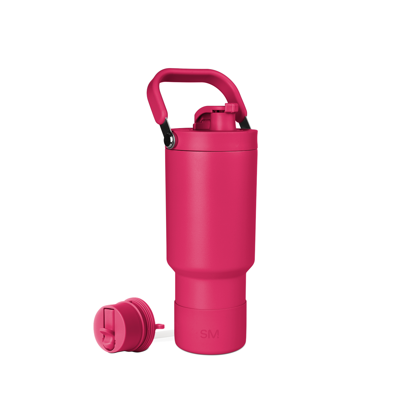 Bright pink school backpack with black carrying handle on white background