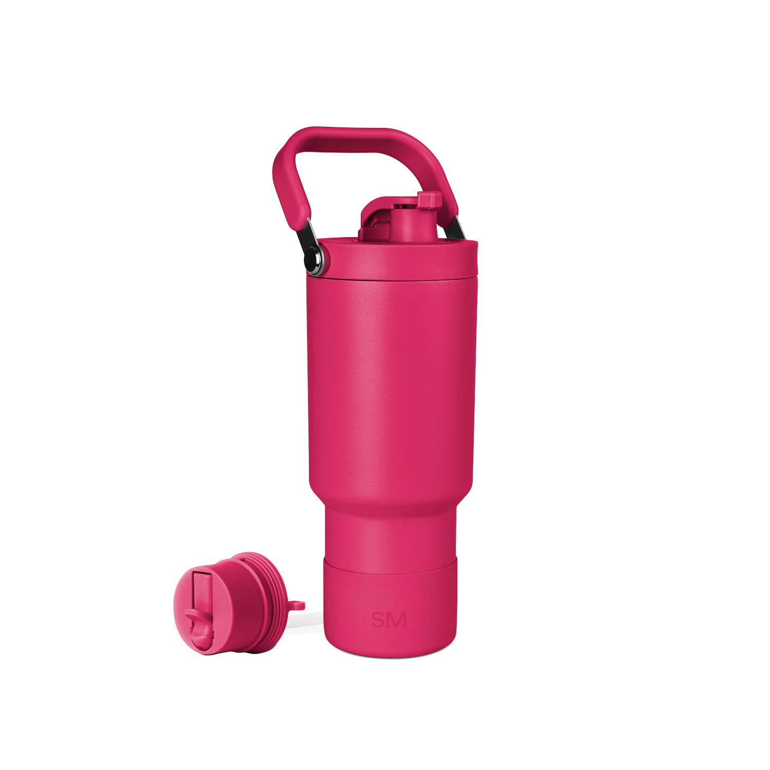 Bright pink school backpack with black carrying handle on white background